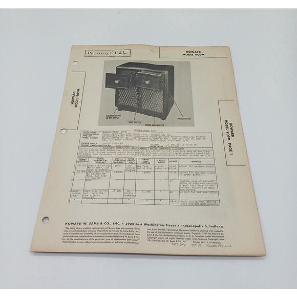 VTG Howard Sams 1947 Radio Photofact Folder Howard Model 909M - Picture 1 of 1